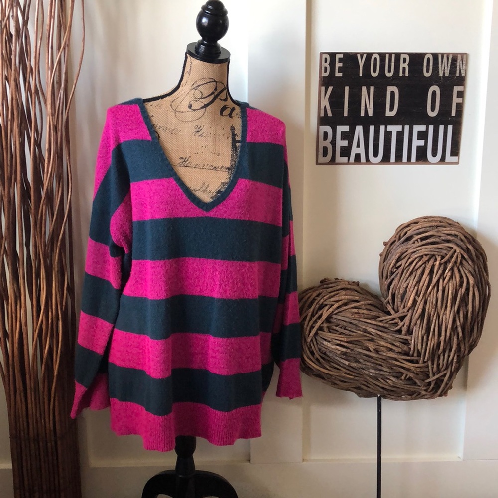 BDG pink and blue striped V neck sweater